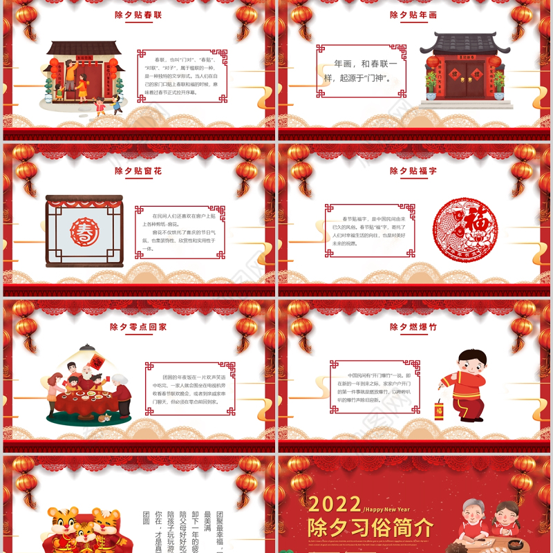 2022虎年除夕习俗PPT红色中国风虎年新年除夕传统知识课件模板