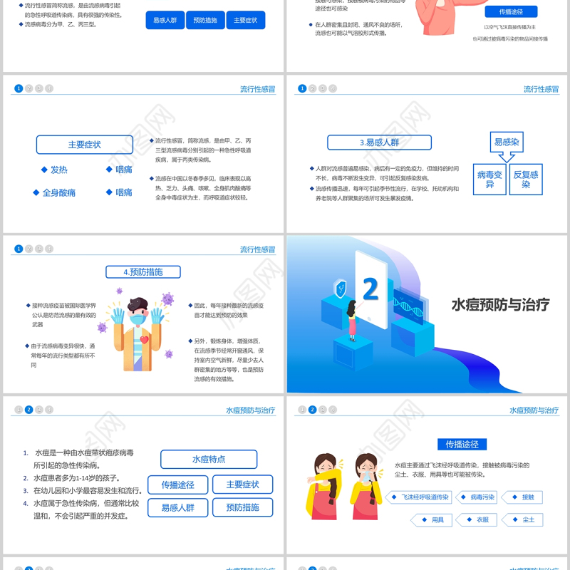 2022春夏季常见传染病预防知识PPT蓝色卡通风中小学生卫生健康主题班会课件模板