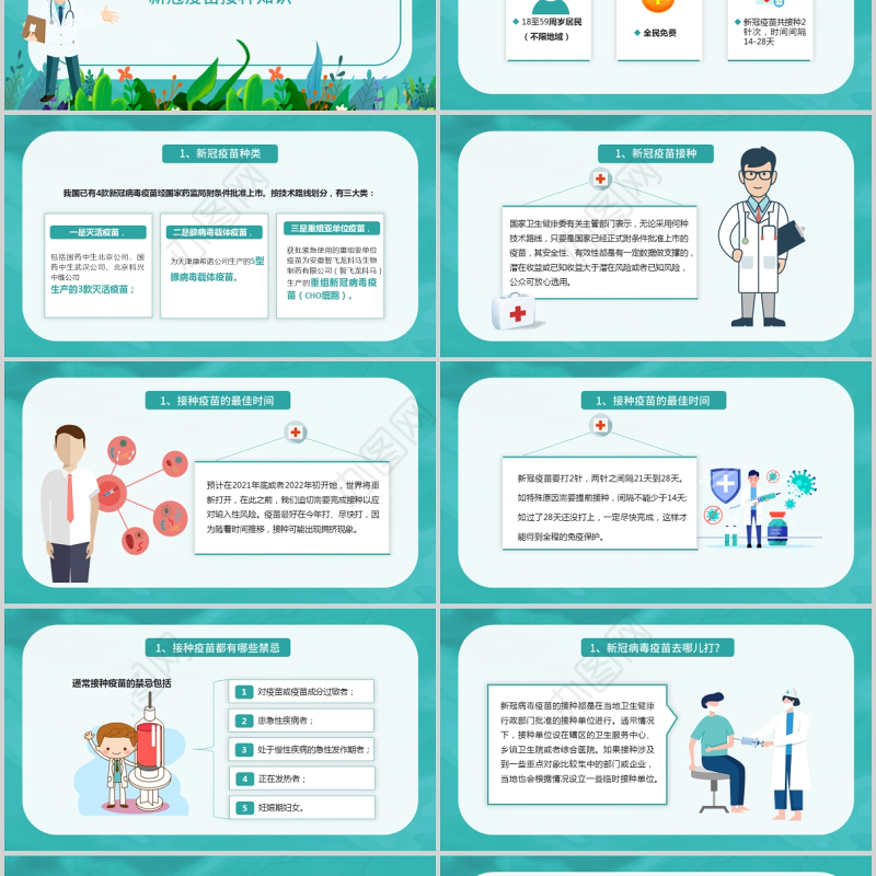 2021新冠疫苗接种科普知识PPT清新扁平风医疗健康疫苗接种注意事项宣讲课件