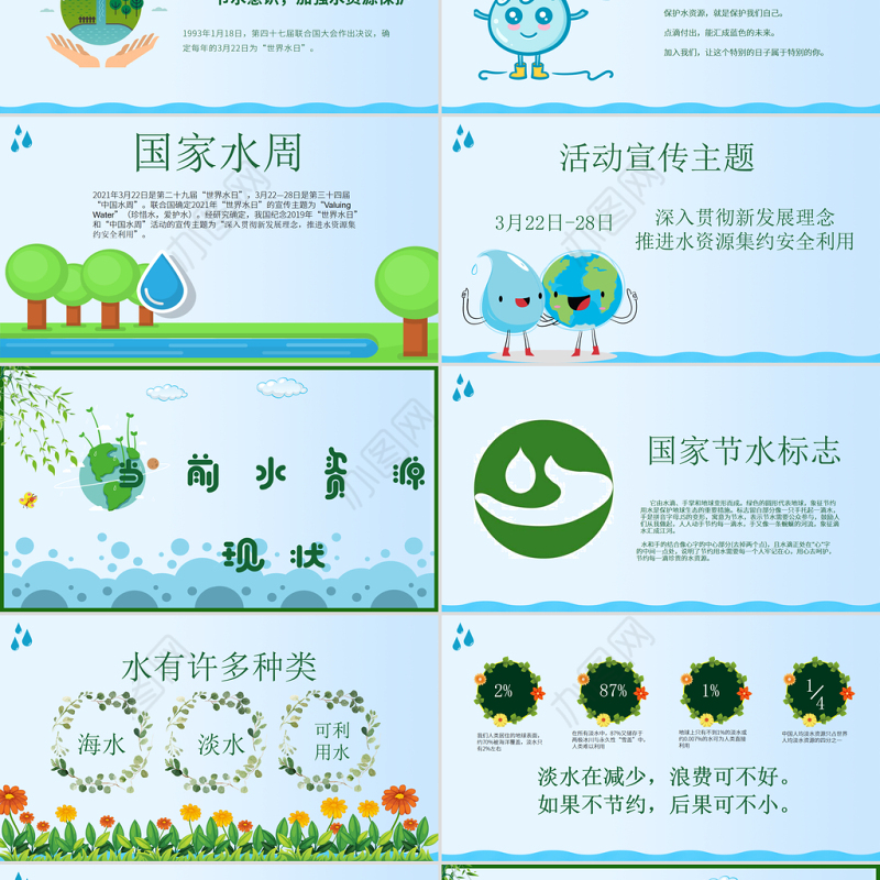 原创水利保护节约水资源自来水世界水日主题班会PPT-版权可商用