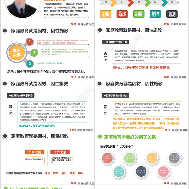 多彩清新微立体家庭教育宣传讲座家庭教育家长会PPT模板