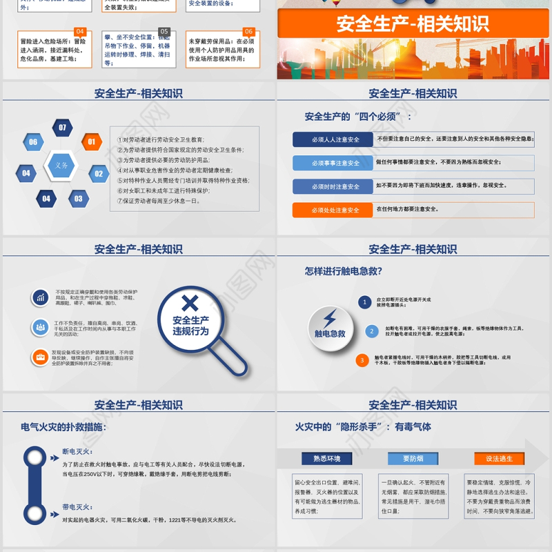 蓝橙色简约微立体安全生产培训课件PPT模板