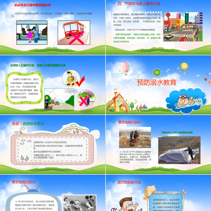 卡通小学生幼儿园五一假期暑假节日安全教育培训防溺水ppt模板