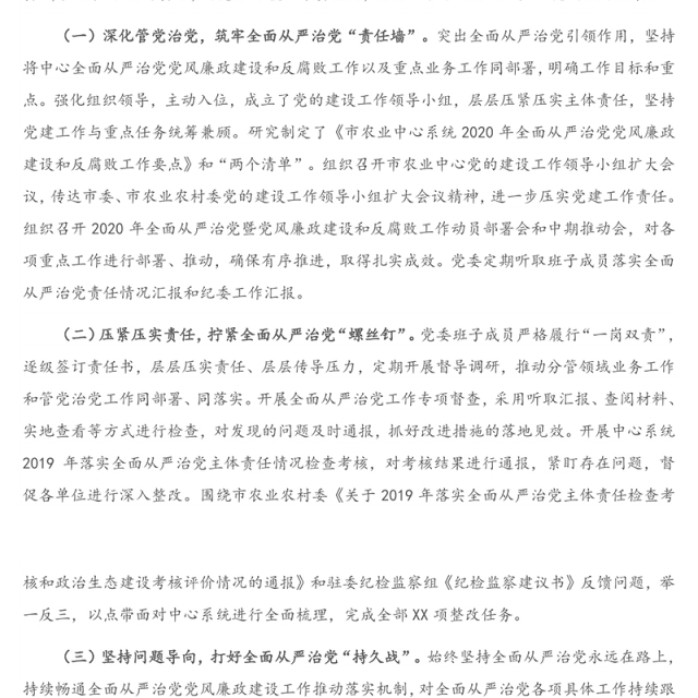 X市党委2020年落实全面从严治党主体责任情况报告
