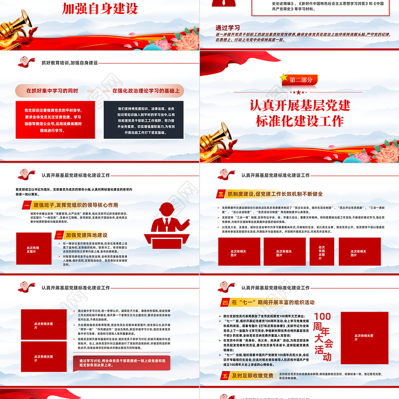 2022年党支部工作总结及2023年党建工作计划PPT红色党政风党支部教育专题党课授课课件模板