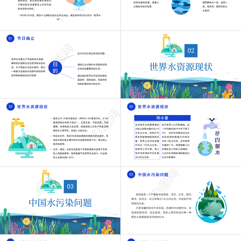 2022世界水日PPT卡通风唤起公众的节水意识加强水资源保护主题课件模板