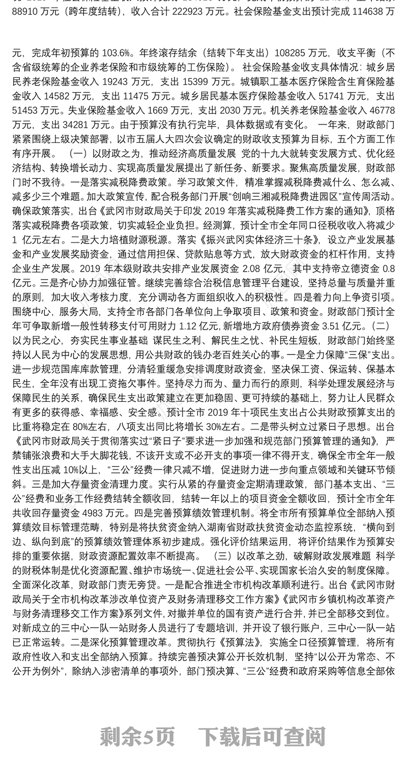 关于武冈市2019年财政预算执行情况和2020年财政预算草案的报告