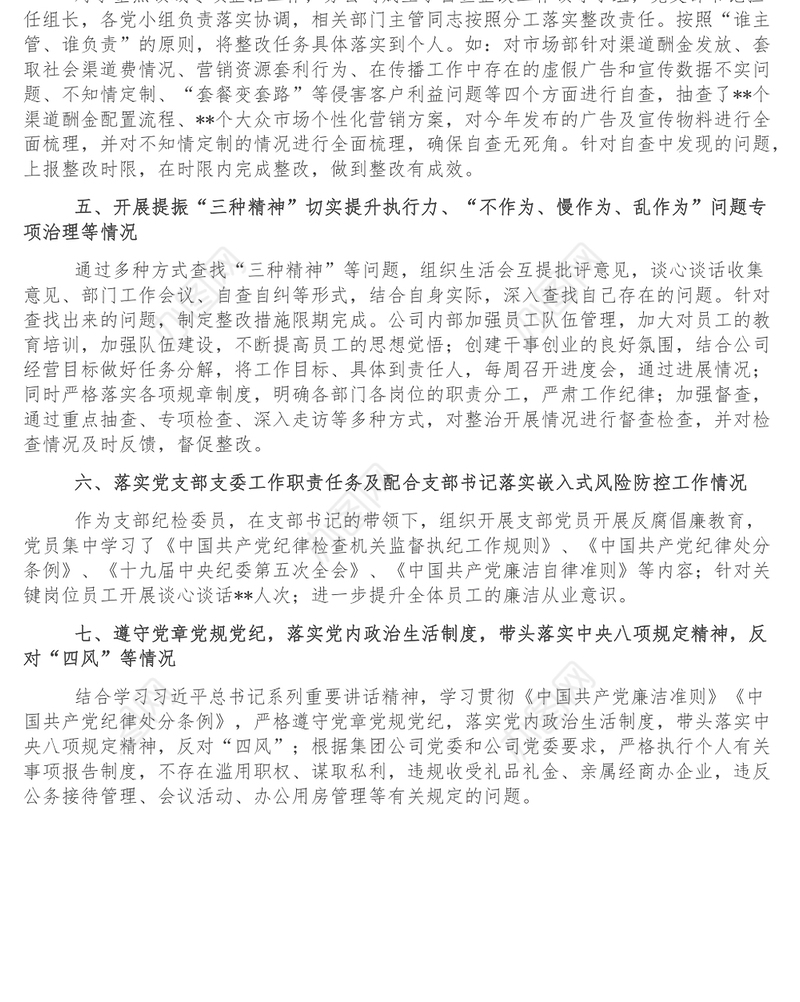纪检委员落实全面从严治党主体责任情况报告