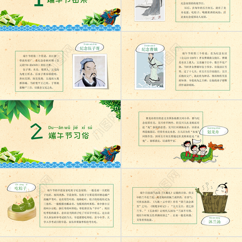 2021年端午节绿色中国风端午节来源介绍ppt模板