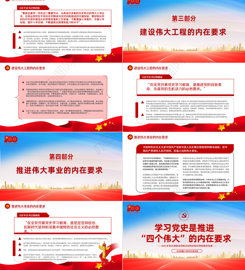 2021学习党史是推进“四个伟大”的内在要求PPT红色建党100周年党史党课课件