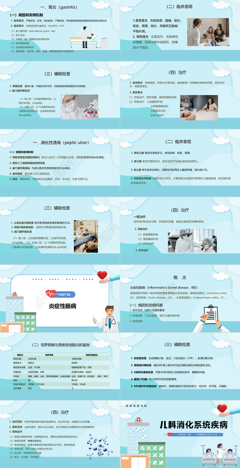 2022儿科消化系统疾病PPT清新卡通插画风医疗教学各种疾病医理PPT模板下载