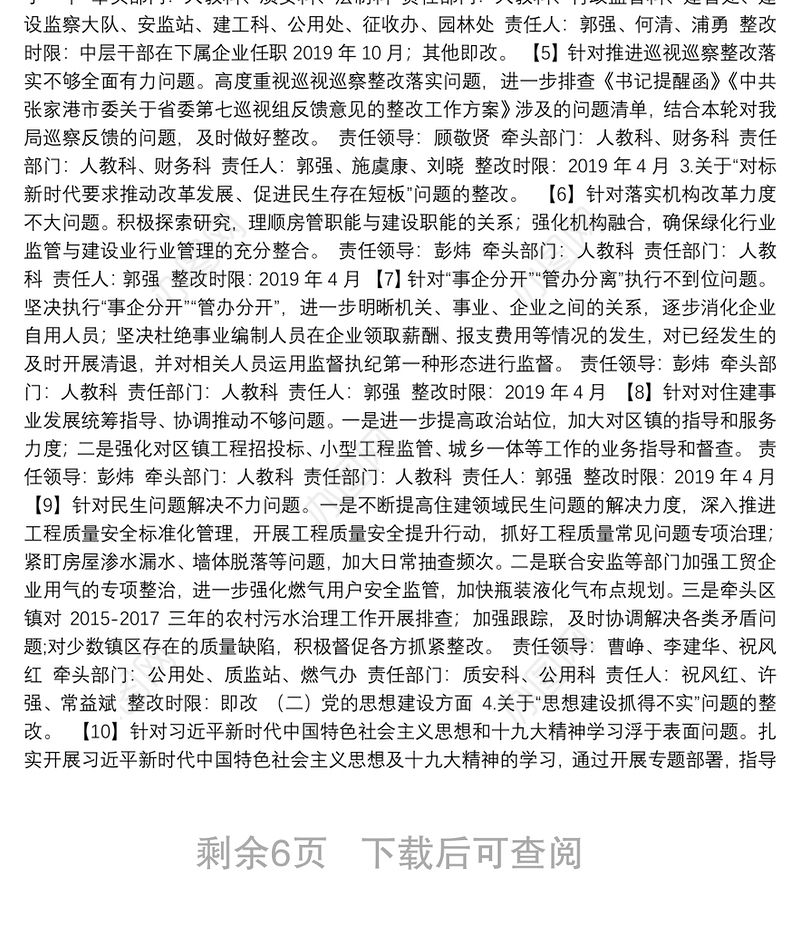 中共市住房和城乡建设局委员会关于巡察反馈意见整改工作方案的报告