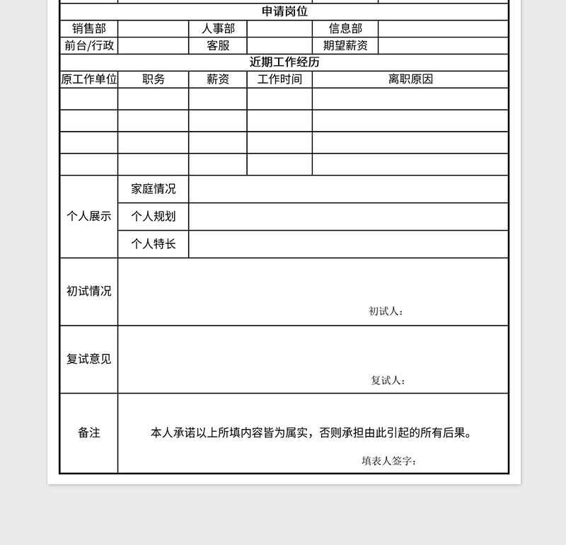 2021年人力资源员工面试应聘登记表