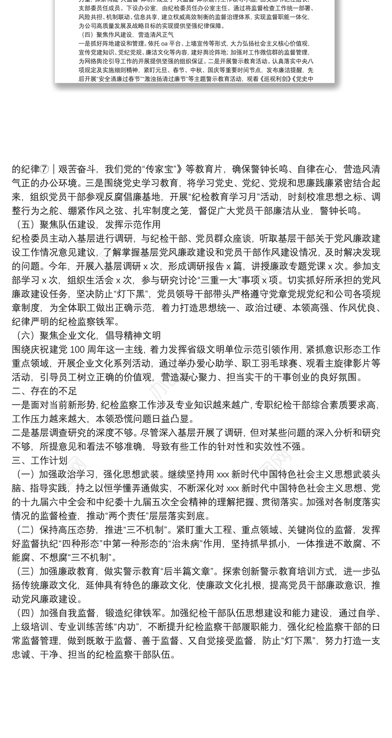 国企纪检委员年度述职报告