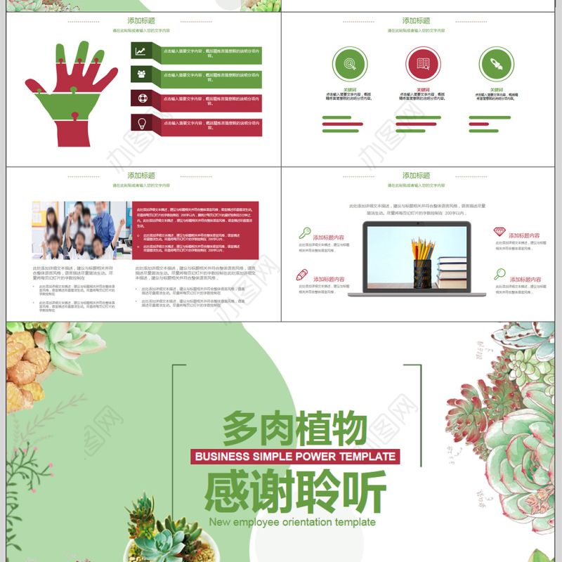 多肉植物清新教学课件PPT模板