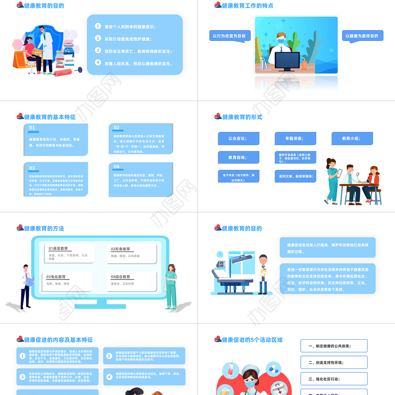 2022健康教育与健康促进PPT蓝色卡通风健康教育知识讲座主题班会课件模板