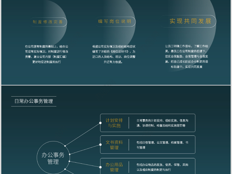 原创蓝色完整框架人事行政部工作总结PPT模板-版权可商用