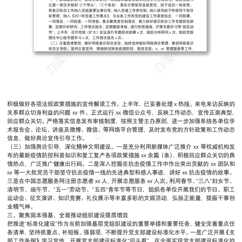 20**年上半年党建工作总结（党组）