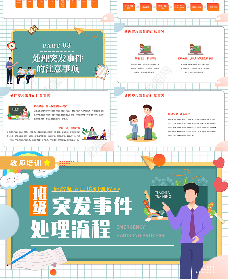 2022班级突发事件处理流程PPT卡通风新教师入职培训课程专题课件模板