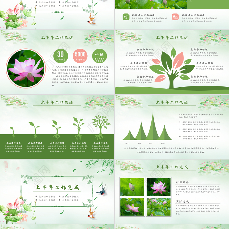 原创清新荷花中国风年中总结PPT模板