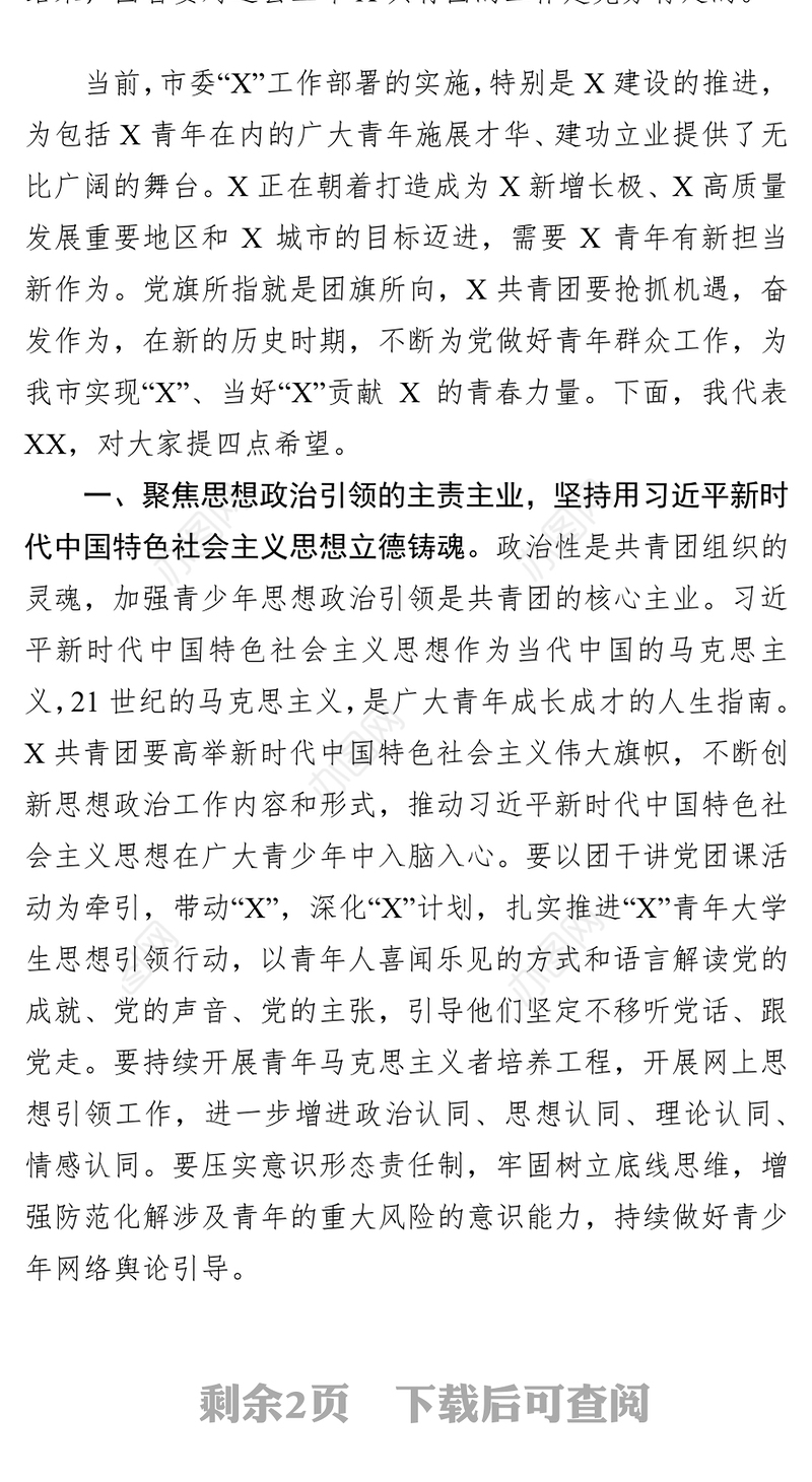 在共青团X市第X次代表大会上的领导讲话