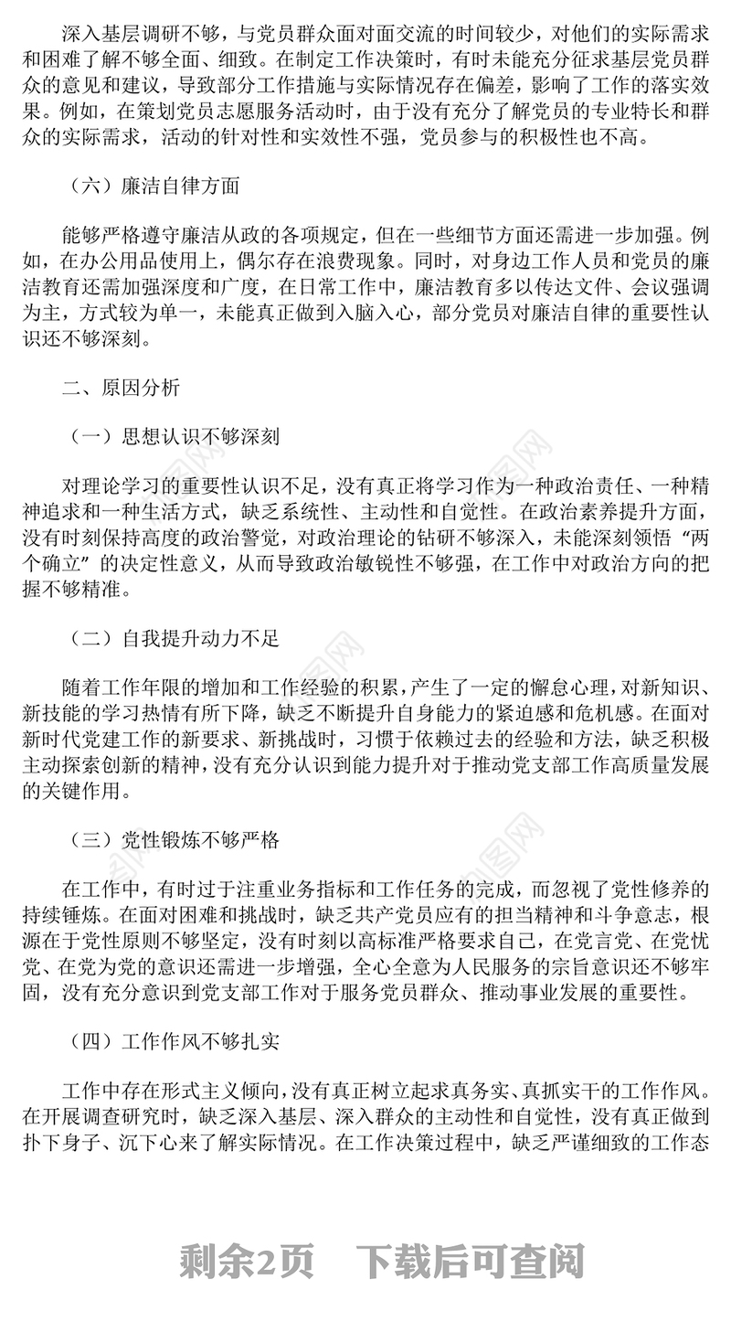 2024年党支部书记民主生活会对照检查材料