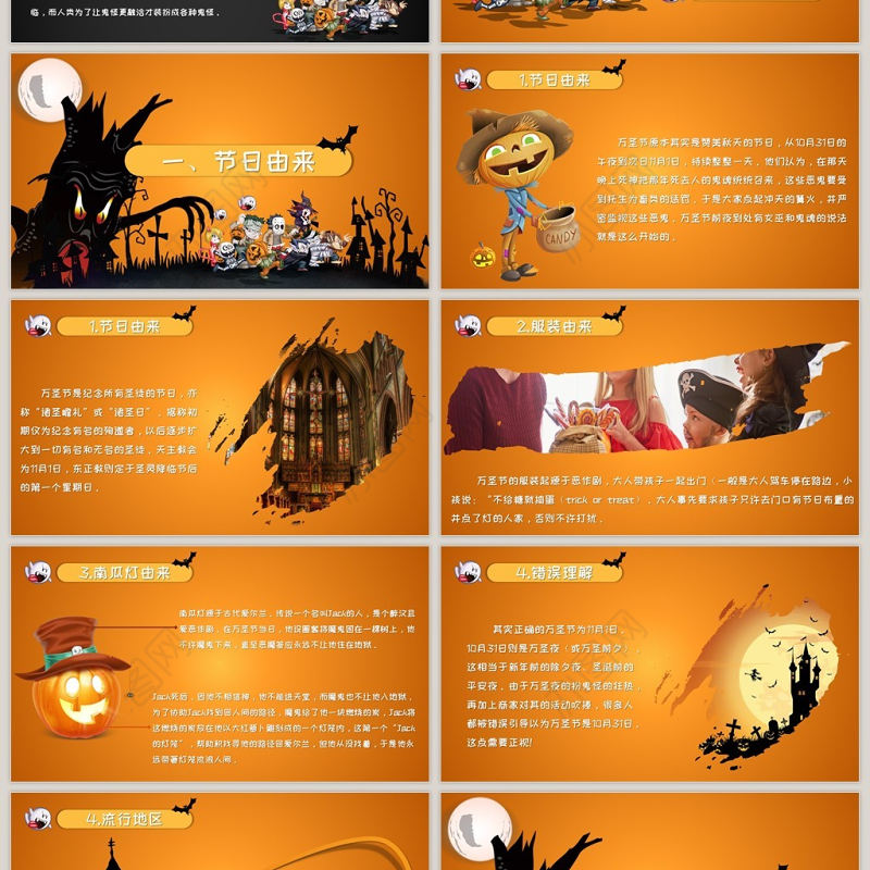 卡通万圣节主题节日介绍宣传PPT通用模板