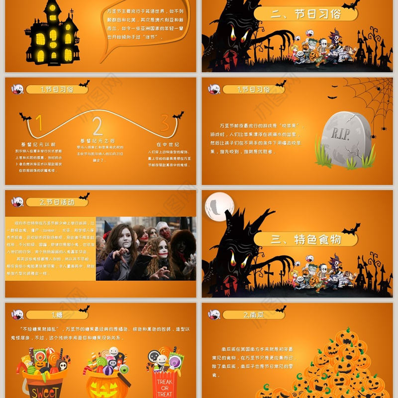 卡通万圣节主题节日介绍宣传PPT通用模板