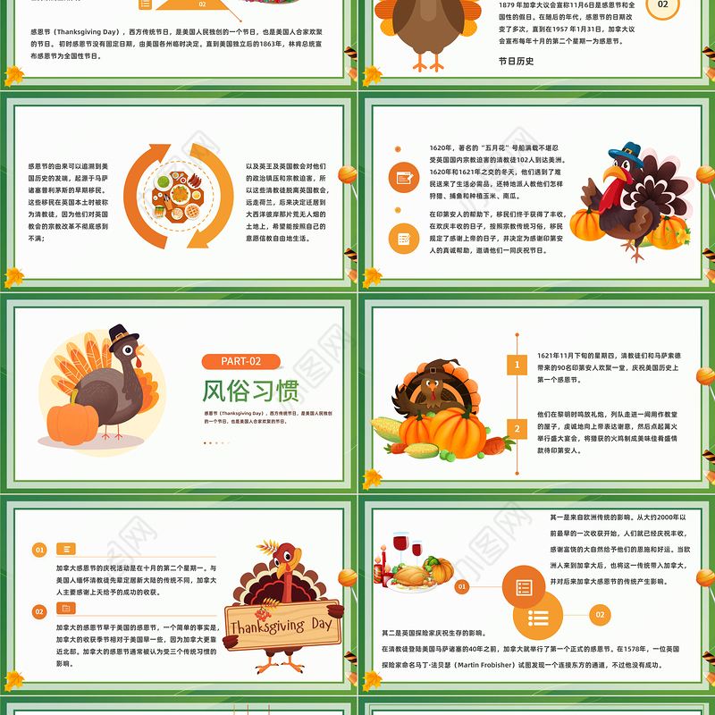 2022感恩节PPT橙色卡通风感恩节节日介绍课件模板