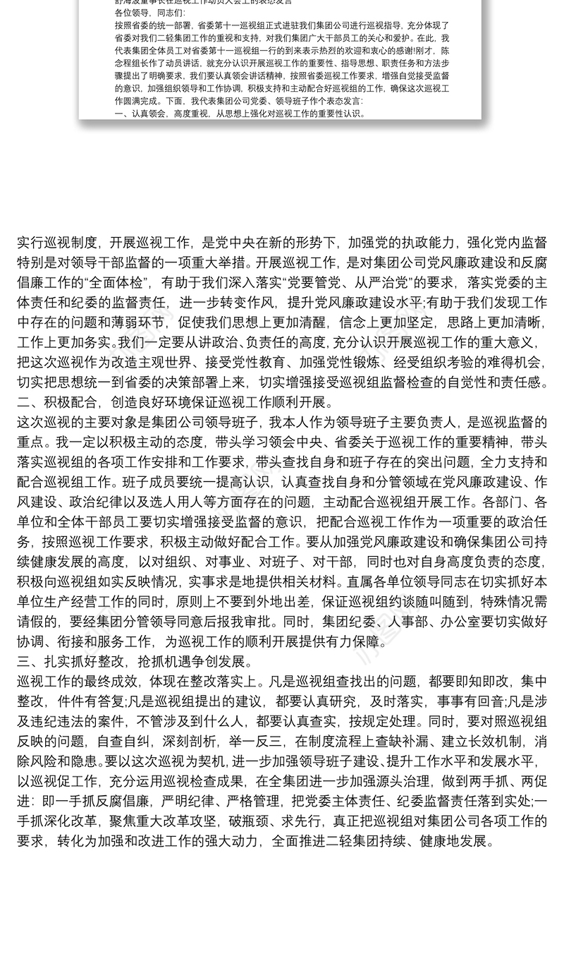 迎接巡视表态发言稿迎接巡视表态发言