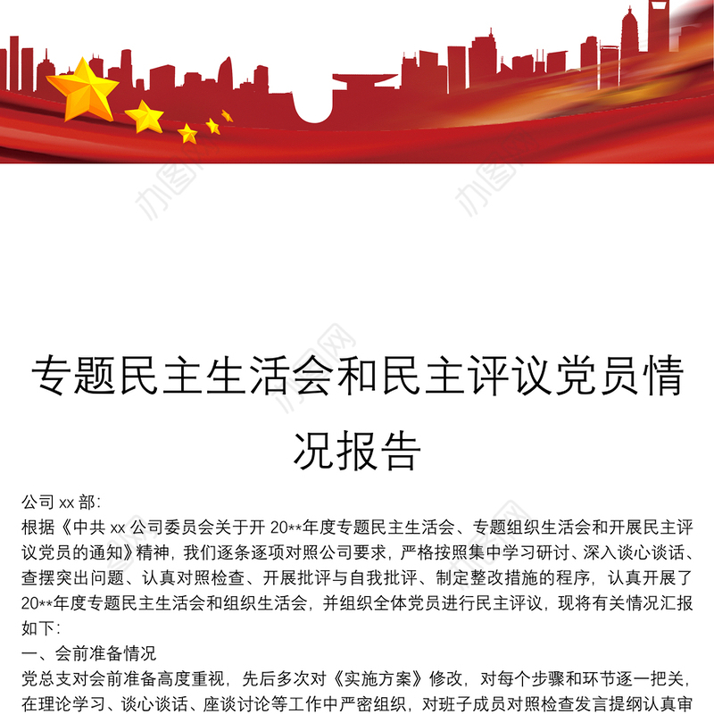 专题民主生活会和民主评议党员情况报告