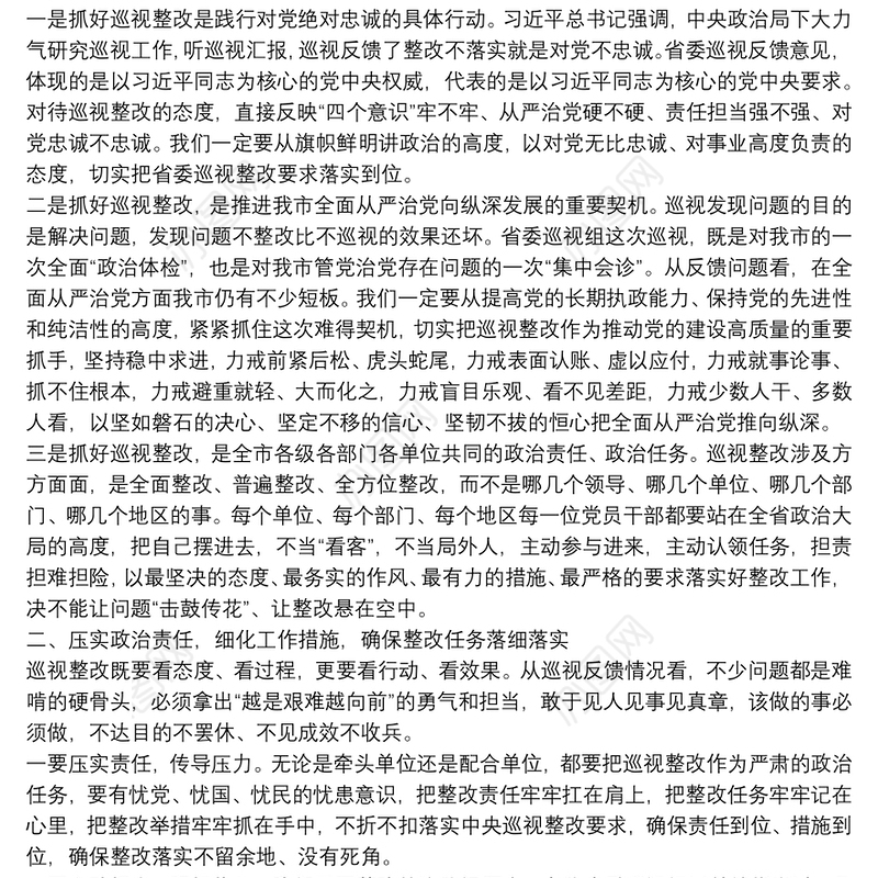 在全市推进省委巡视整改工作动员会议上的讲话