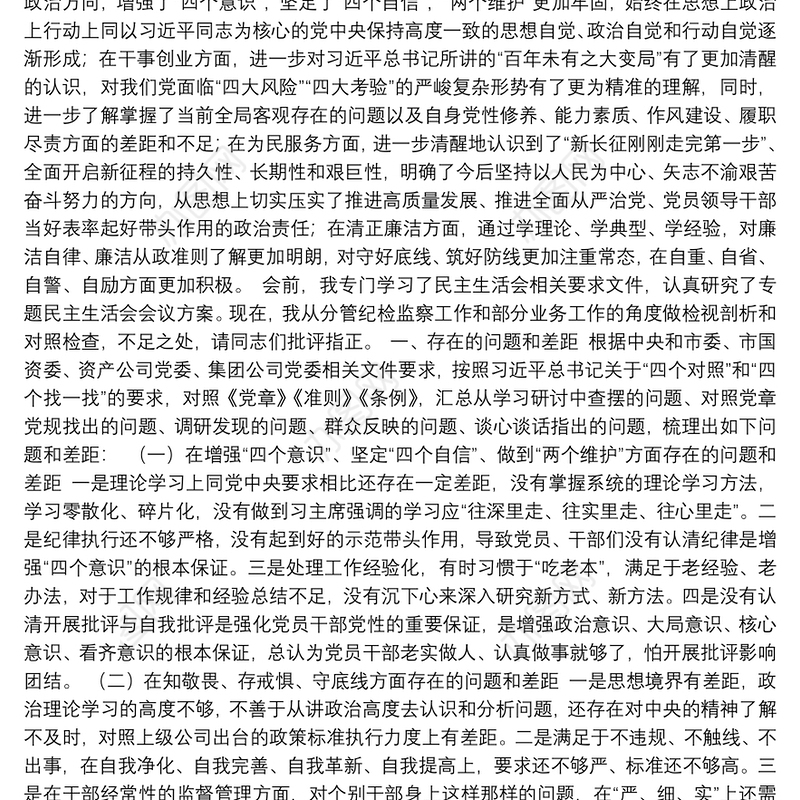 公司纪委书记2019年主题教育专题民主生活会个人检视剖析材料