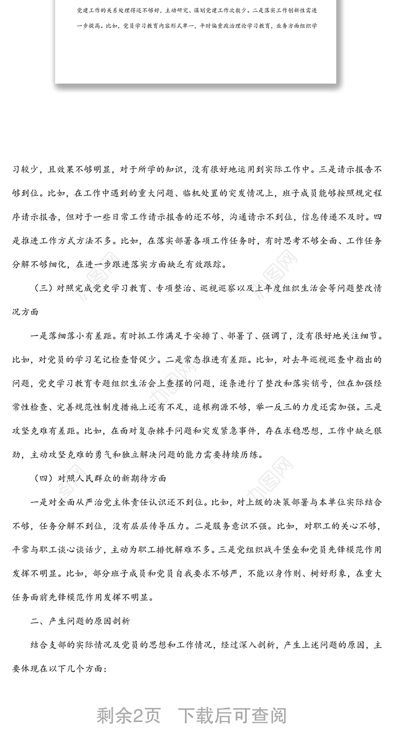 国企党支部支委班子2021年度组织生活会对照检查材料