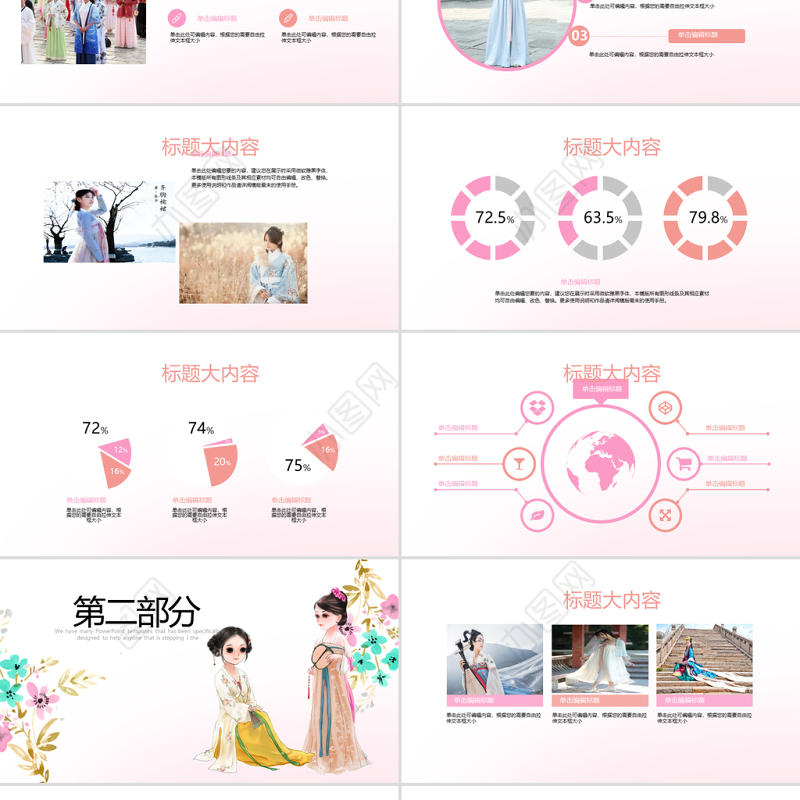 创意手绘中国汉服文化ppt封面含PS