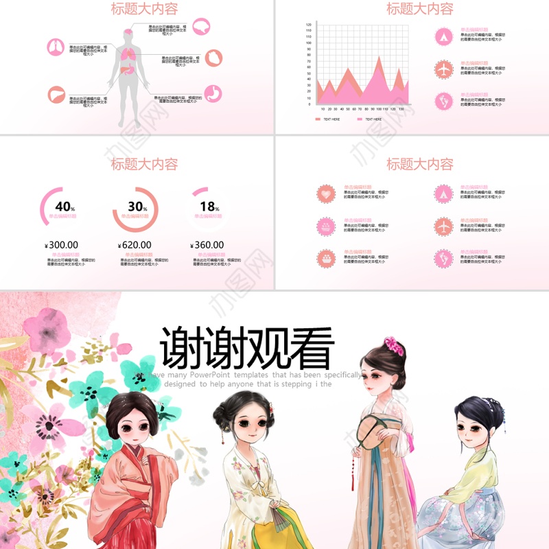 创意手绘中国汉服文化ppt封面含PS