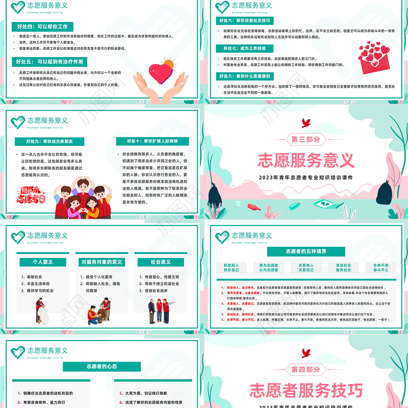 2023志愿服务培训先行PPT卡通风青年志愿者专业知识培训课件模板下载