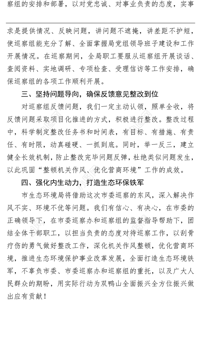 在市委第三巡察组专项巡察工作动员会议上的表态发言