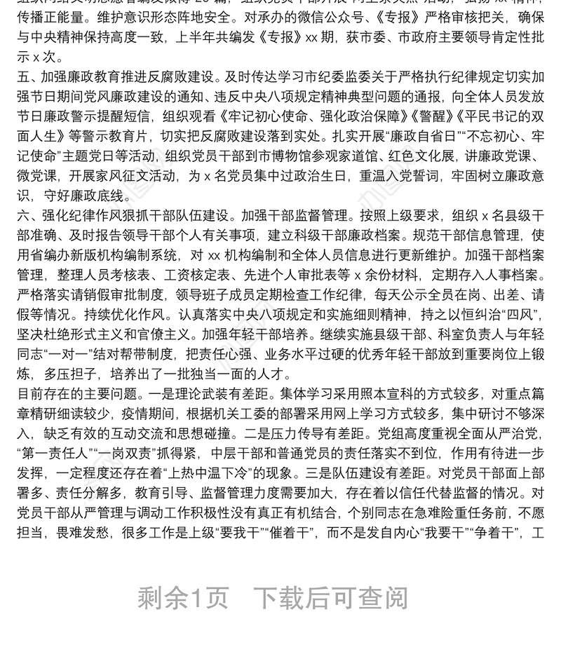 20**年上半年党组落实全面从严治党主体责任情况报告