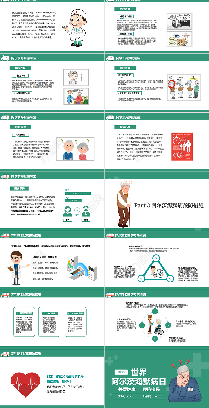 2022世界阿尔茨海默症宣传日PPT清新简约关爱老人预防PPT模板下载