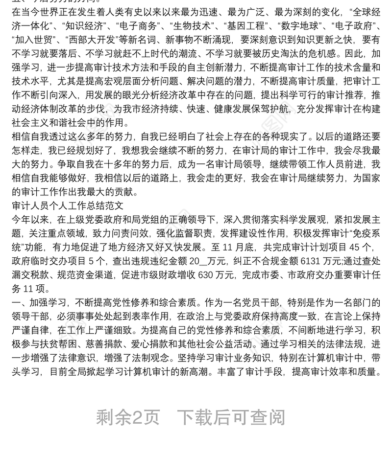 审计人员个人工作总结范文三篇