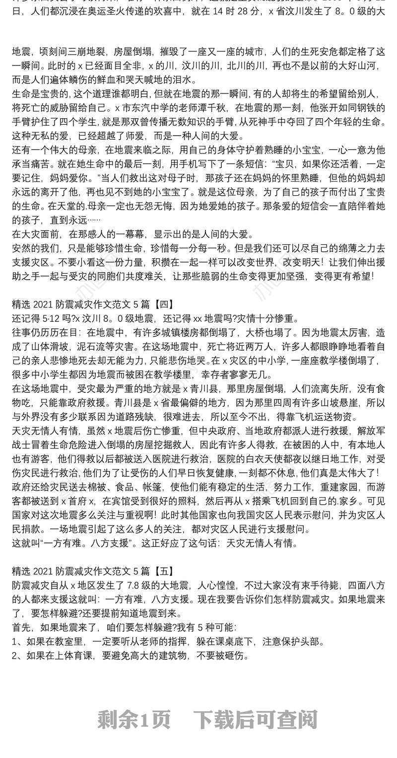 精选2021防震减灾作文范文5篇