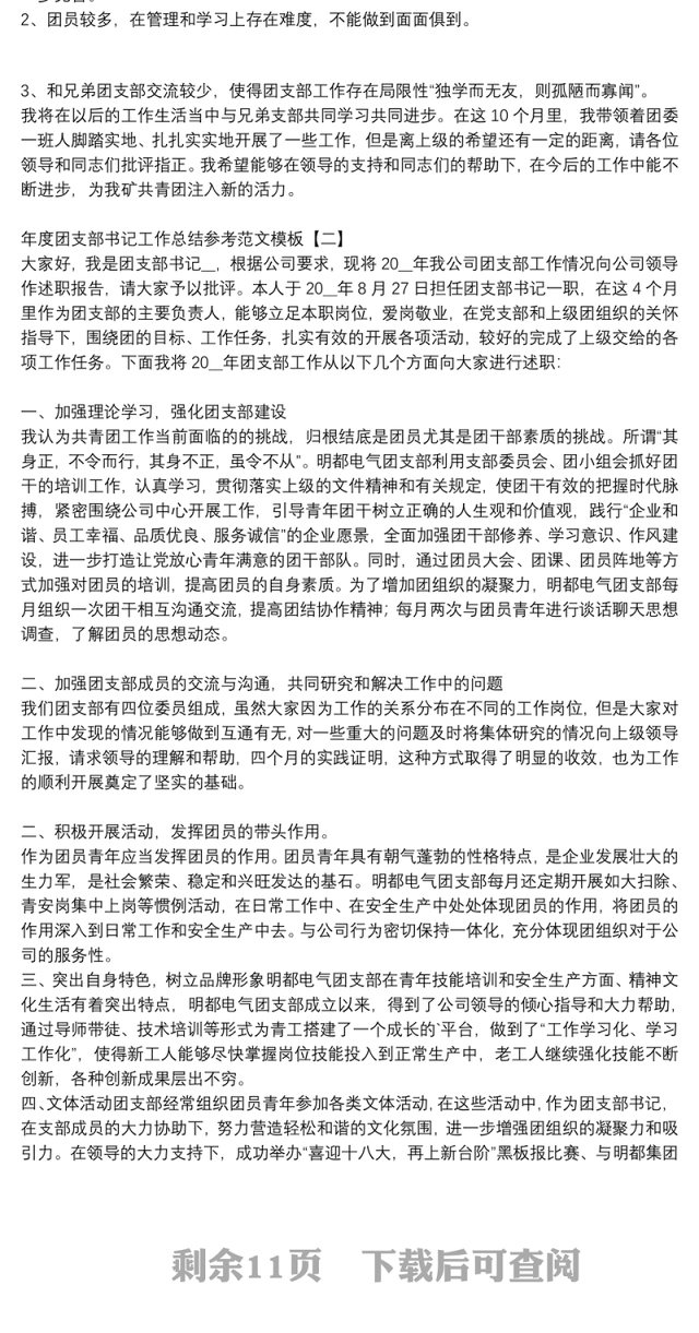 年度团支部书记工作总结参考范文模板