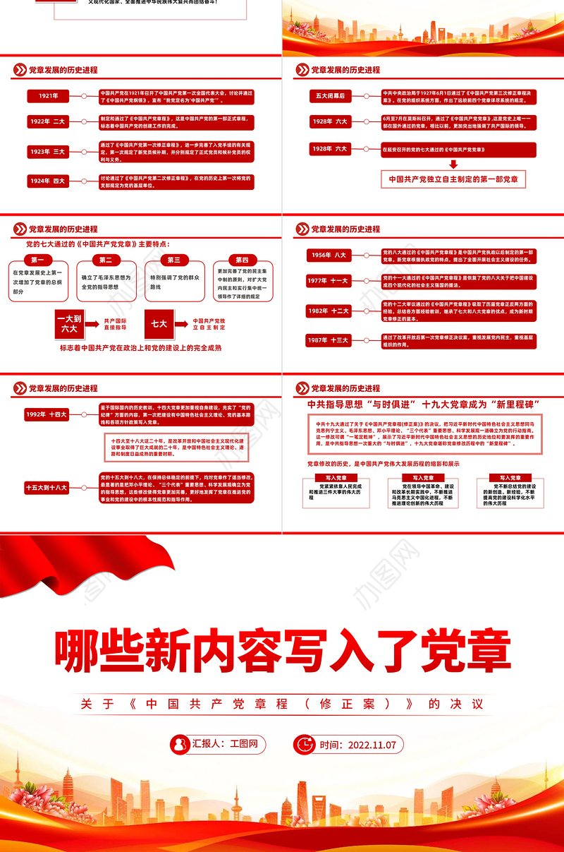 2022哪些新内容写入了党章PPT红色简洁风关于《中国共产党党章（修正案）的决议专题党课党建课件模板