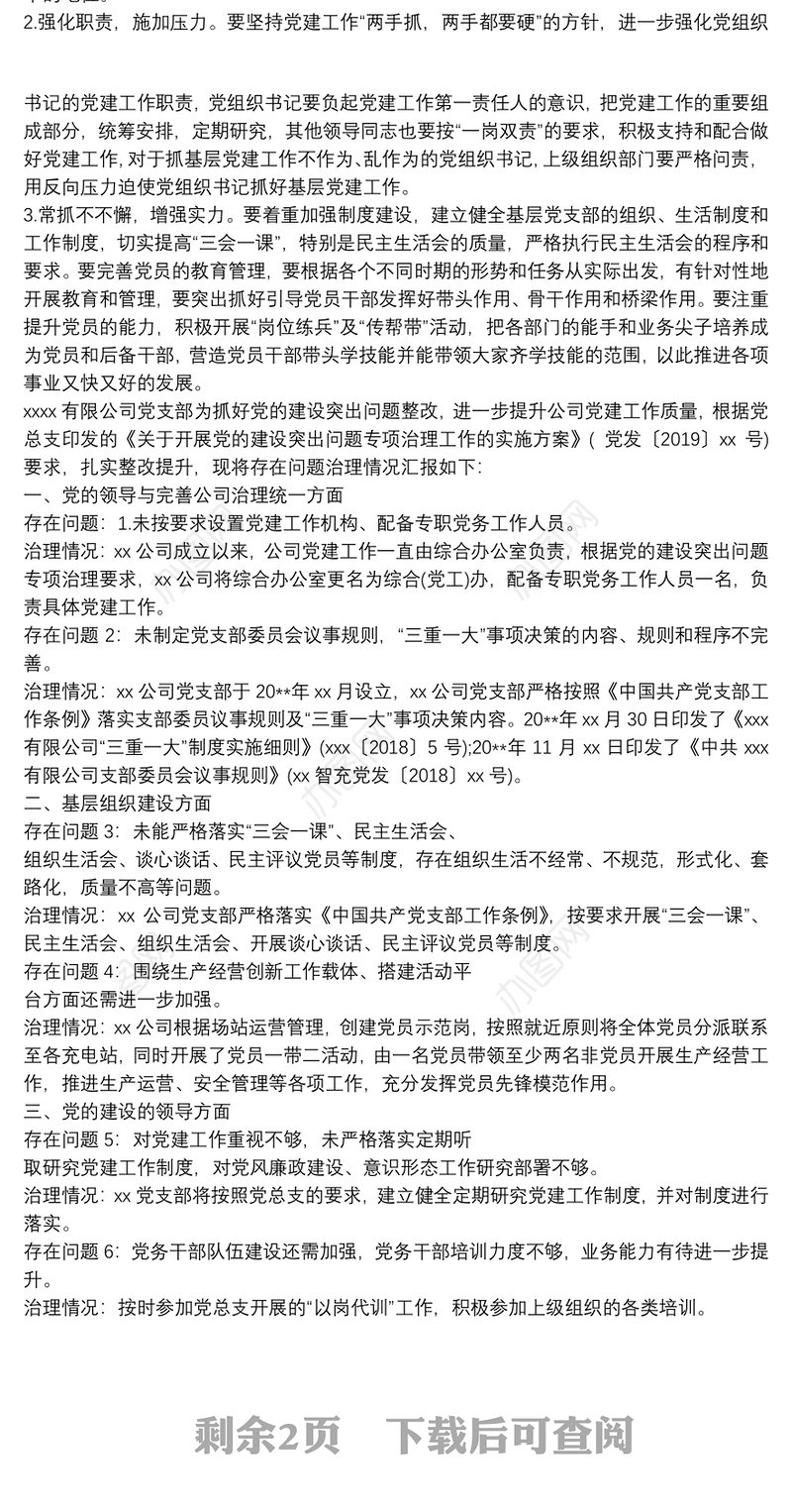2021党支部党建工作突出问题情况报告