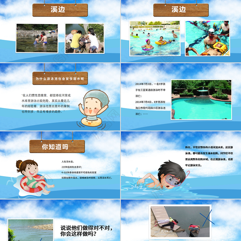 2020年卡通小学生安全教育游泳防溺水讲座PPT