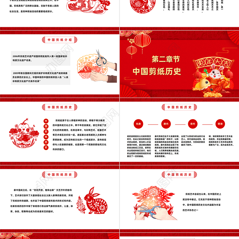 2023剪纸传统文化PPT红色古风剪纸传统文化知识介绍课件模板下载