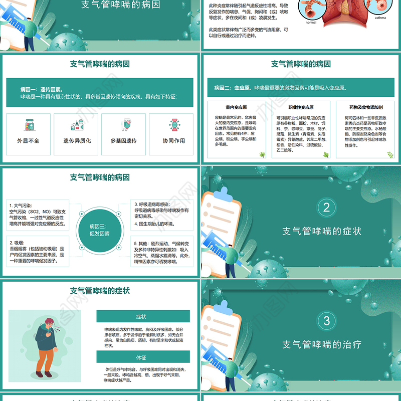 2022支气管哮喘的预防和治疗PPT清新医疗风医疗教学各种疾病医理PPT模板