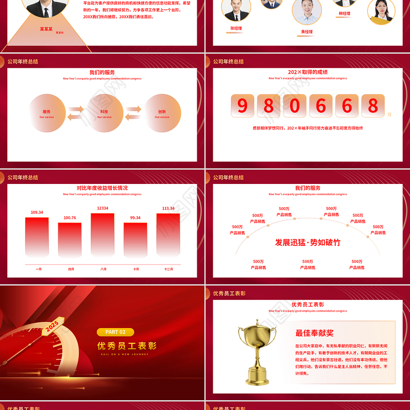 2025新春蛇年晚会PPT精美红色优秀员工表彰大会模板