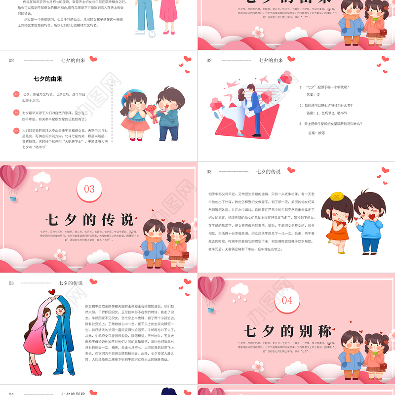2022七夕甜蜜相约PPT卡通风七夕节日课件模板